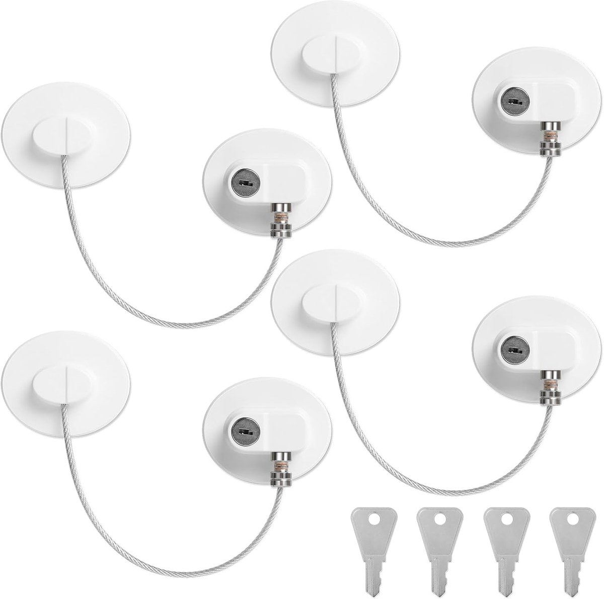 Deze set van 4 kindersloten wordt geleverd met 4 sleutels en voorkomt effectief dat kinderen toegang krijgen tot gevaarlijke voorwerpen. Geschikt voor deuren, ramen, koelkasten, lades, kasten, enz. Wit.