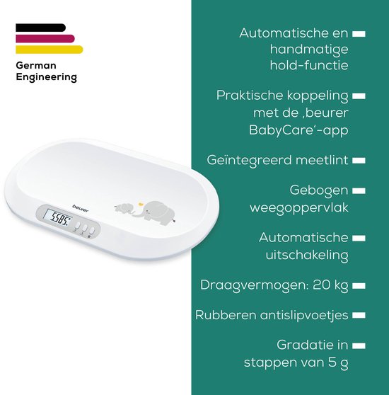 Beurer BY 90 Babyweegschaal - Bluetooth® - Automatische hold functie - Tarra - Groot LCD display - Gebogen weegvlak - Tot 20 kg - Op 5 gram nauwkeurig - Geïntegreerd meetlint - Gratis beurer BabyCare app - Incl. batterijen - 3 Jaar garantie