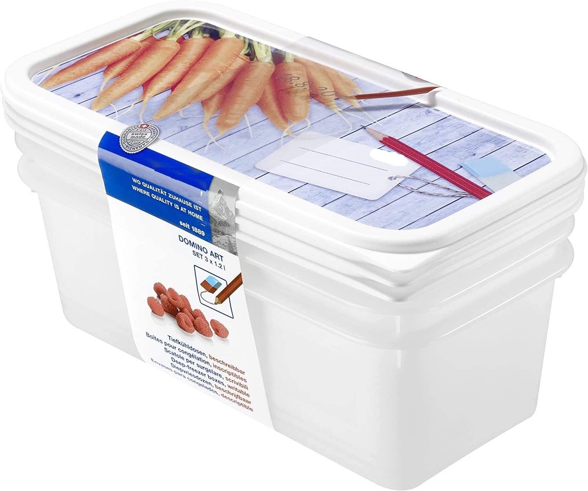 Famanu - Domino Set van 3 diepvriespotten 1.2l met beschrijfbaar motief op het deksel, Kunststof (PP) BPA-vrij, wit, 3 x 1.2l (23.3 x 11.8 x 10.0 cm)