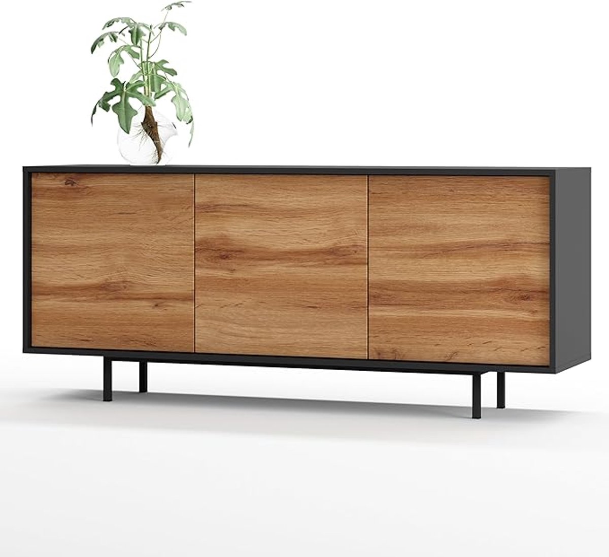 Dressoir 154 x 40 x 66 cm – Modern Lowboard met Push-to-Open, Verstelbare Planken en Metalen Poten – Antraciet met Eiken Wotan Deuren – Akia Design – Abkantoor