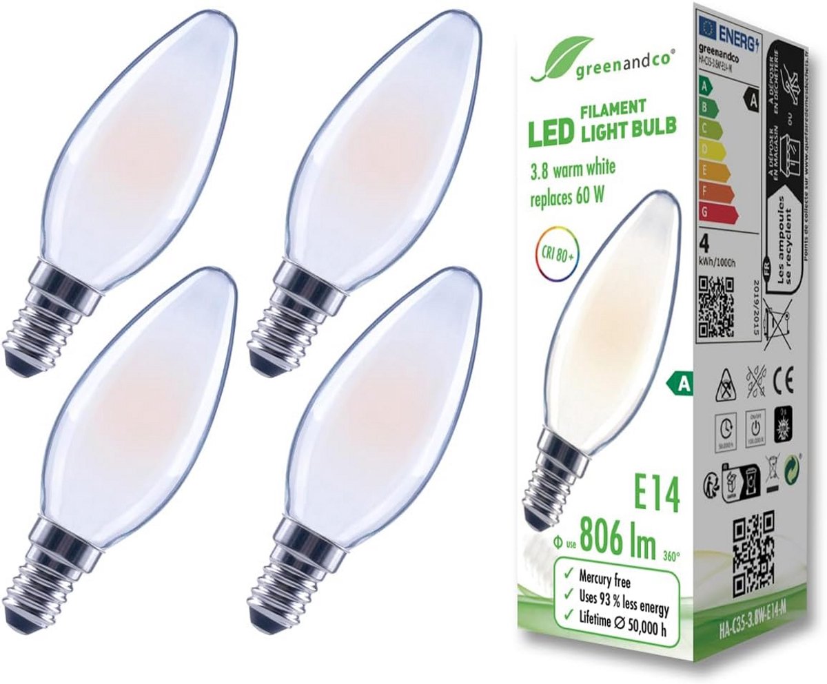 4x E14 Kleine Kaars LED Filament Lampen 3.8W Warm Wit Vervangt 60W - Geen Flikkering