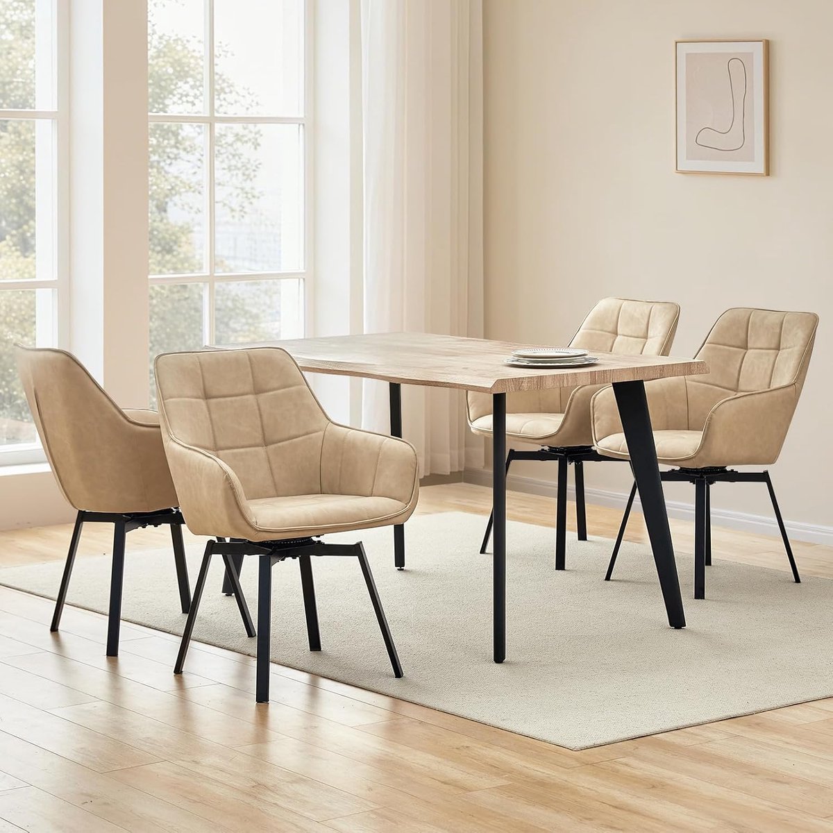 Eetkamerstoel Draaibaar 46x43x83 cm – Set van 6 – Kunstleer Beige – Gestoffeerde Armleunstoel met Metalen Poten – Ergonomische Keukenstoel & Woonkamerstoel – Luxe Design – Abkantoor