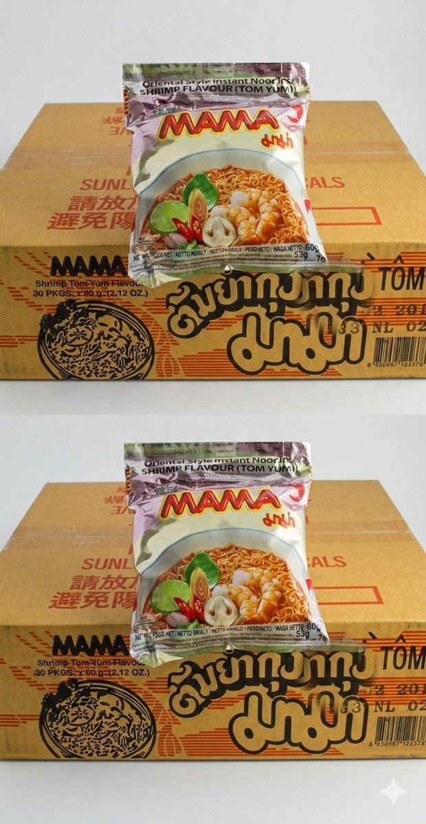 2 kartonnen Mama Shrimp Instant Noodles - 60 x 60 g (totaal 3,6 kg) - Garnalensmaak - Thaise instant noedelsoep - Bulkverpakking (vergelijkbaar met Yum Yum) met Kajal-sticker