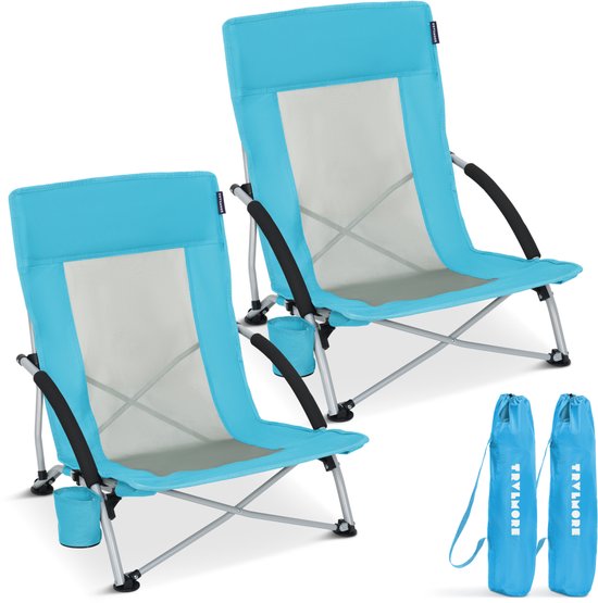 TRVLMORE Strandstoelen - Set van 2 - Inklapbaar en Opvouwbaar - 120KG Draagkracht - Lichtgewicht - Met Draagtas en Bekerhouder - Blauw