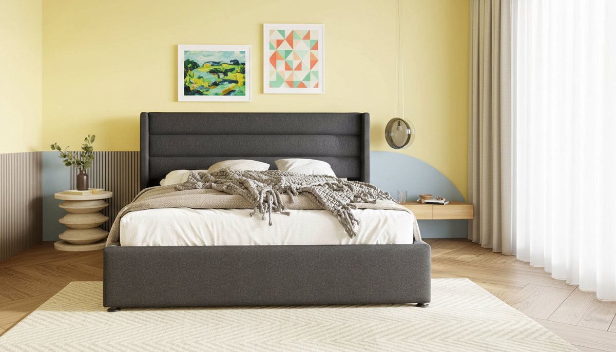 Gestoffeerd tweepersoonsbed met hydraulische opbergruimte 180x200 cm – Casa Velluto Modern Opbergbed, lattenbodem van hout en metalen frame, luxe linnen, grijs – king size platformbed met hoofdeinde