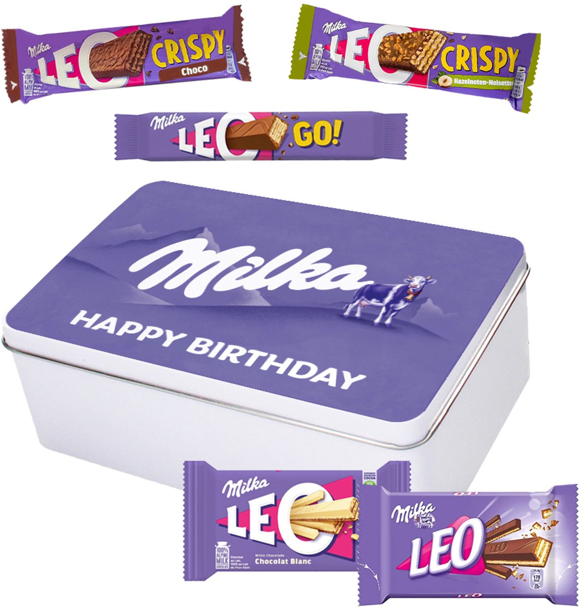 Milka Leo Mix Collection Box "Happy Birthday" - Leo White, Melk, Go, Crispy Choco & Crispy Hazelnut - 689g