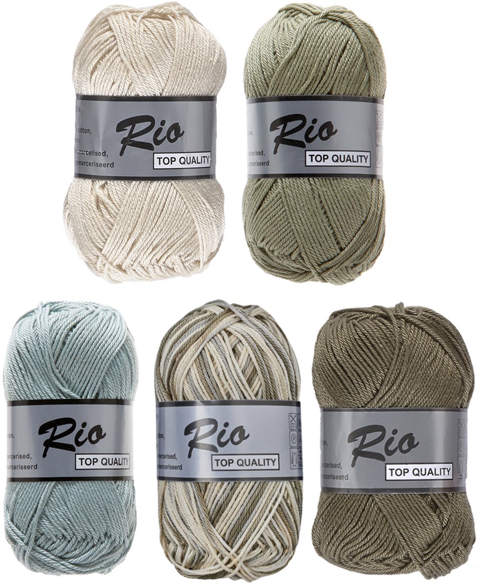 Rio katoengaren pakket - Rio multi groen/beige en Rio uni kleuren - 10 bollen van 50 gram - pendikte 3 - 3,5 mm