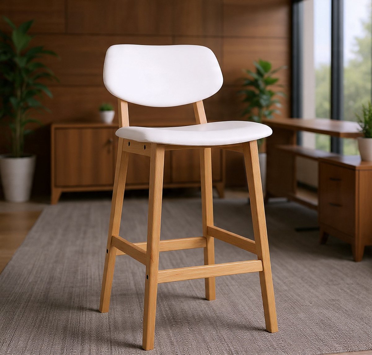 Scandinavische Barkrukken Set van 2 – Hoogwaardige Faux Leather Keukenkrukken – 65 cm Zithoogte – L-vormige Zitting – Massief Houten Poten – Witte Moderne Barstoelen-Casa Serena – 65 cm – Casa Dorada