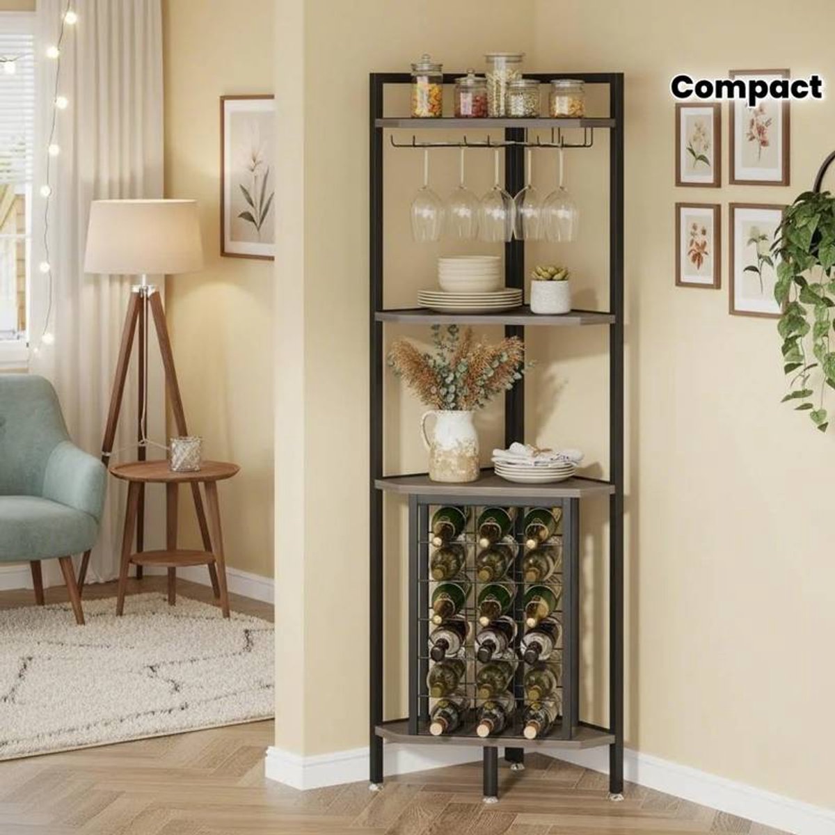 4-laags Hoek Wijnopslag met Glashouder – Compacte Bar Display Unit – Vrijstaand – Voor Wijn & Glazen