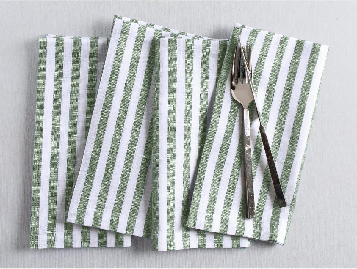 Set van 4 Linnen Dinerservetten Groen Wit Gestreept 50x50 cm Handgemaakt