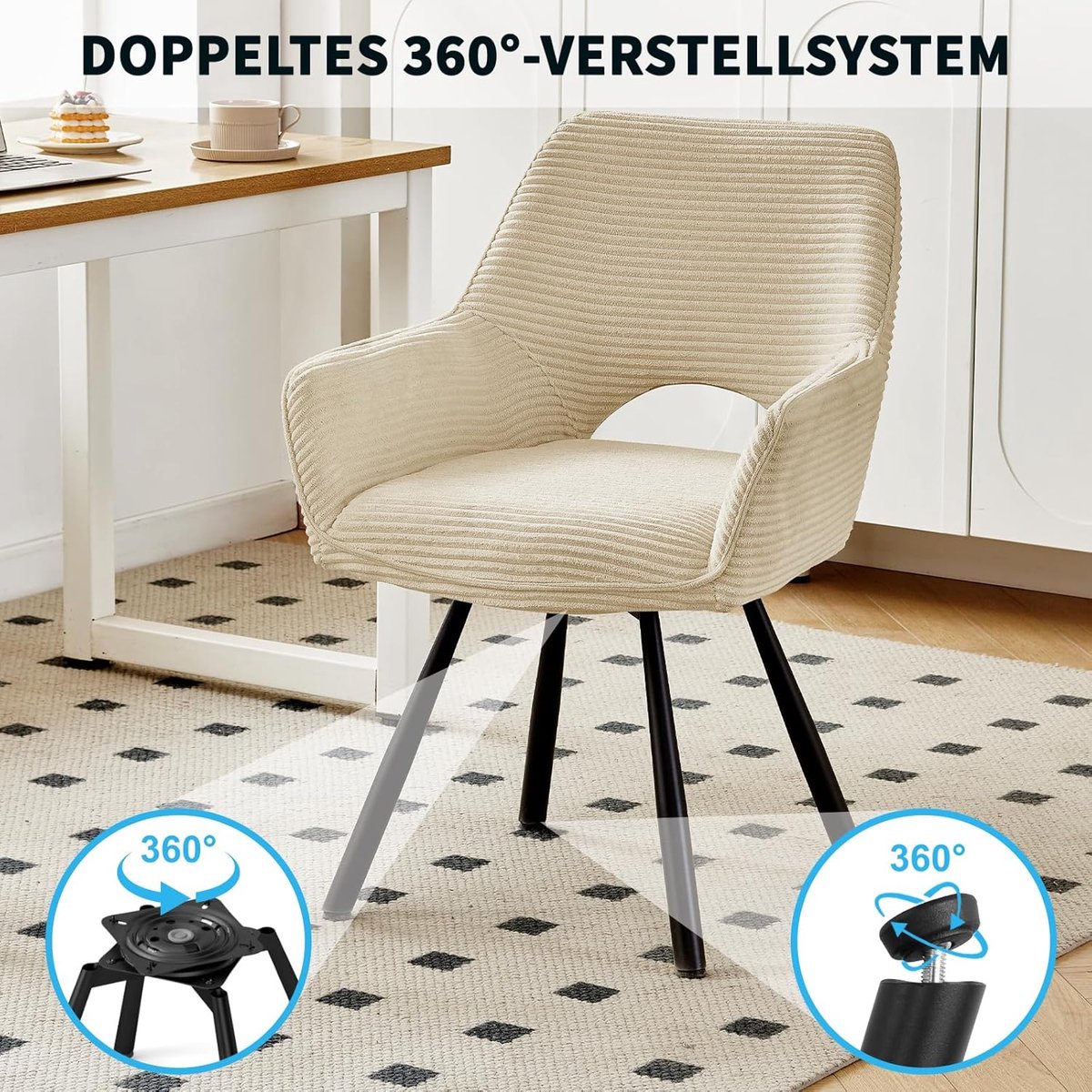 Eetkamerstoelen Set van 6 – 360° Draaibaar – 49x42x82 cm – Met Armleuningen – Gestoffeerd in Corduroy Stof – Moderne Keukenstoelen – Beige – Abkantoor
