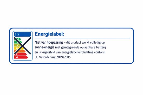 Energielabel 'Niet van toepassing' voor zonne-energie product met batterij.