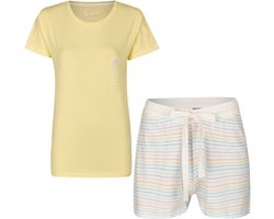 By Louise Dames Pyjamaset Katoen Shortama Met Print Geel Regenboog - Maat XL - Korte Pyjama