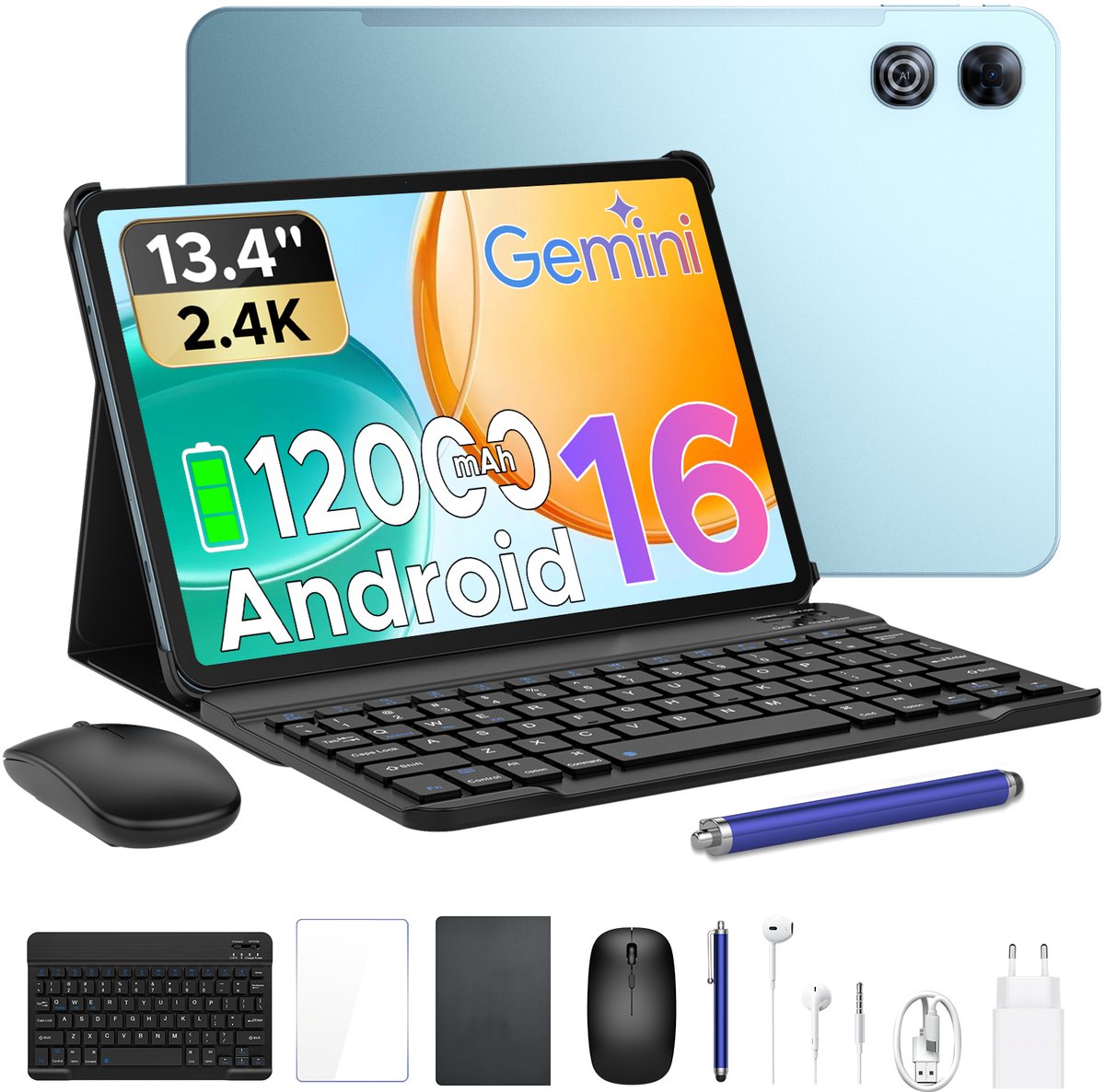 POCKAM P13 Tablets - 48 GB RAM 128 GB ROM - 13,4 inch 2,4K 120 Hz - Android 16 - Gemini AI - 12000 mAh/18 W - Face ID - Widevine L1 - 13 MP + 8 MP camera - Dubbele luidsprekers - Tablet met toetsenbord en pennenhouder - Blauw