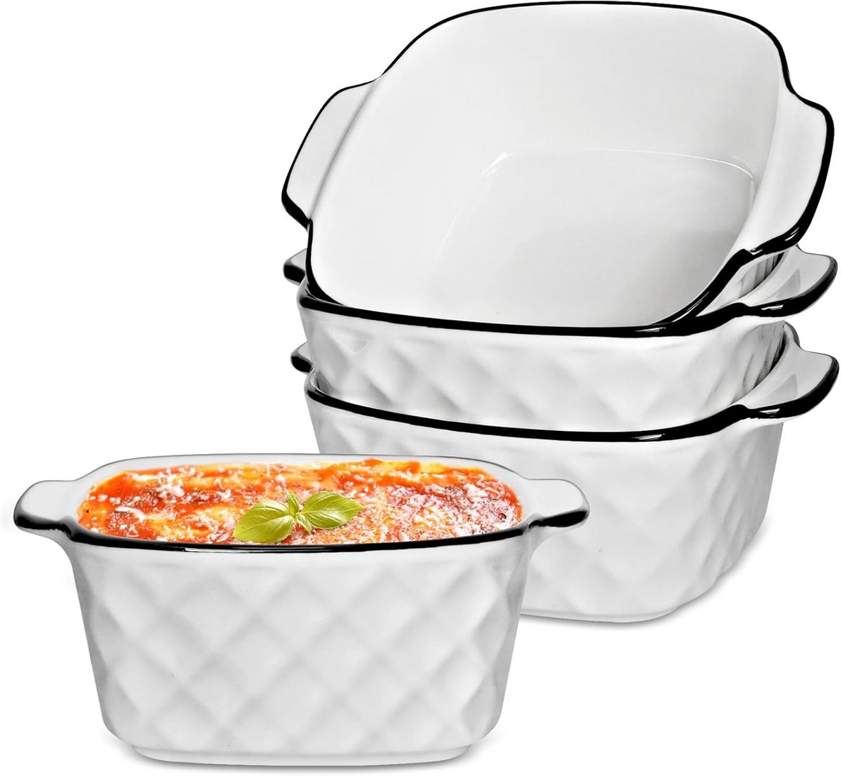 Set van 4 Keramische Ovenschalen met Handvatten - Diamond Design - Geschikt voor Oven, Airfryer en Lasagne