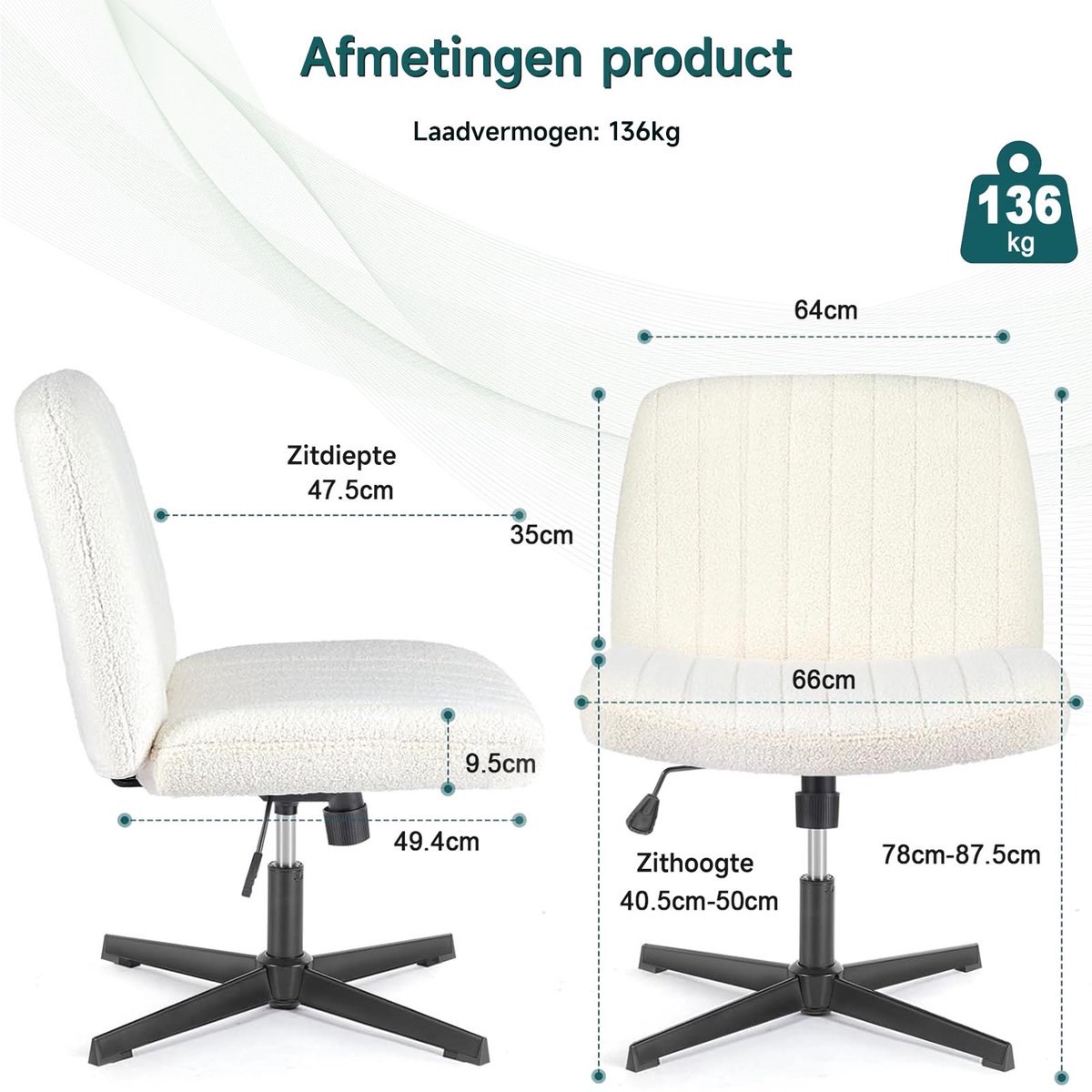 Hengjian Draaistoel Beige Hoogte Verstelbaar 360° Draaibaar - afbeelding 3