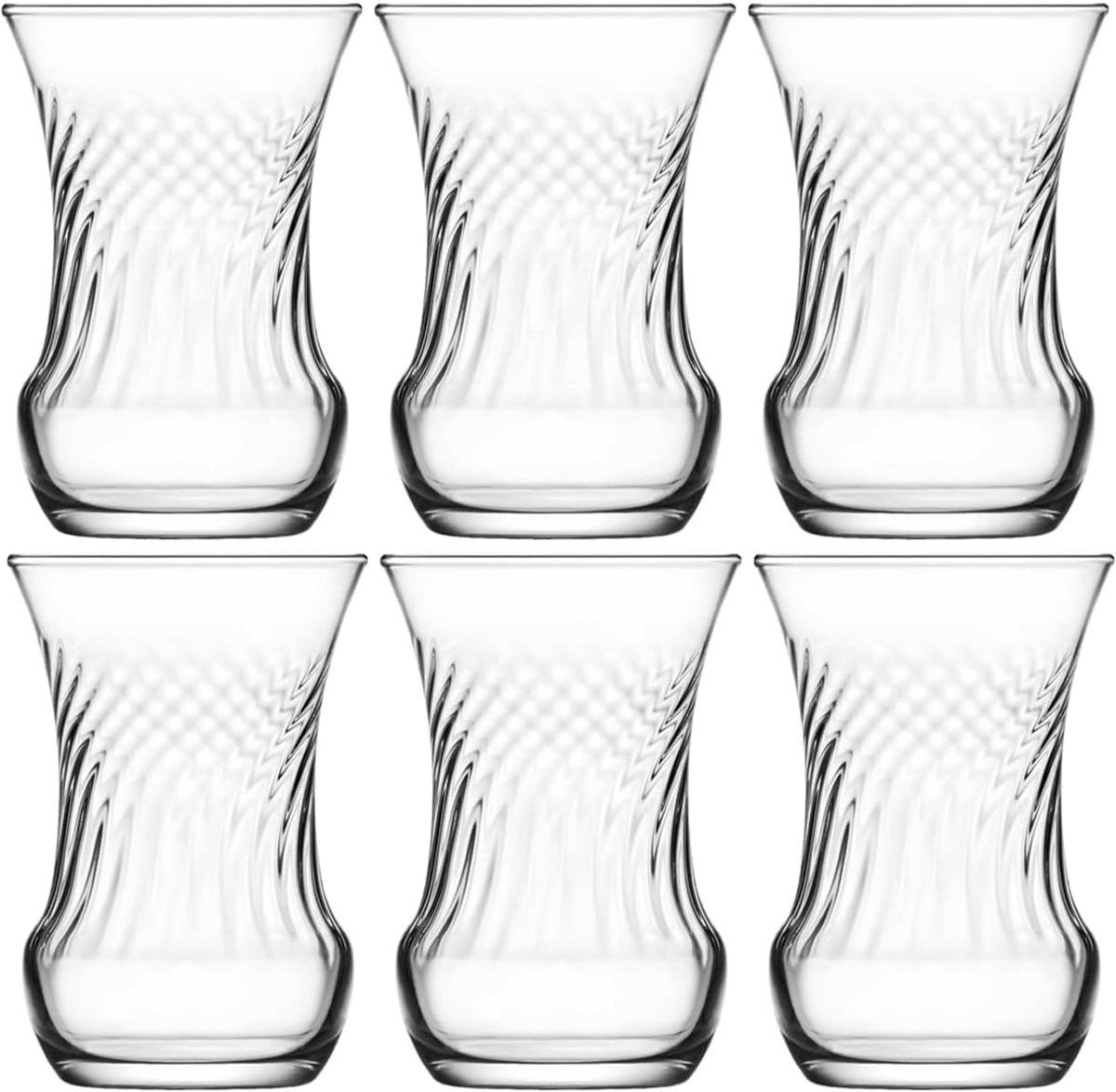 Set van 6 Turkse Theeglazen Gebogen Model met Zware Bodem 10.5CL
