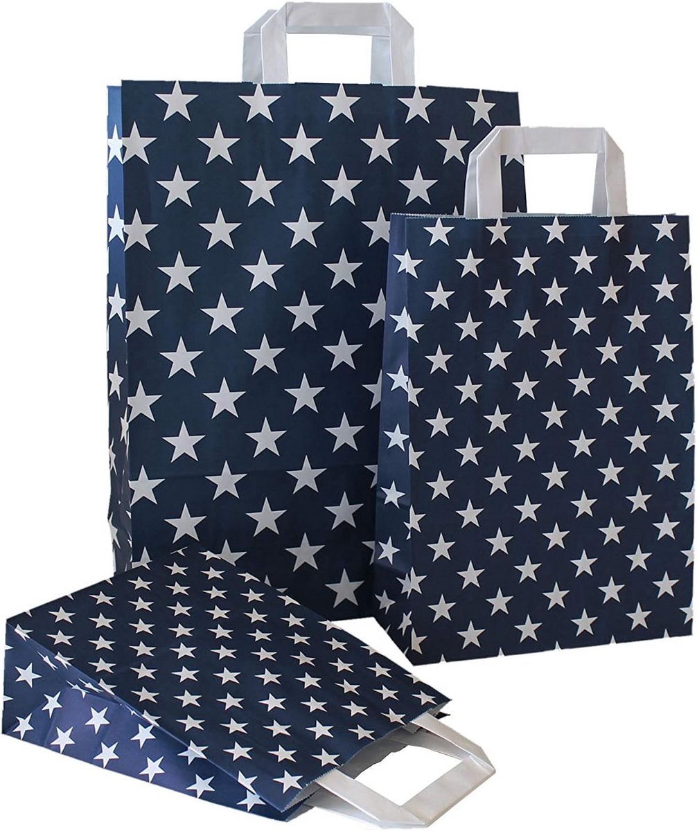 Blauwe papieren tassen met platte hengsels en sterrenprint