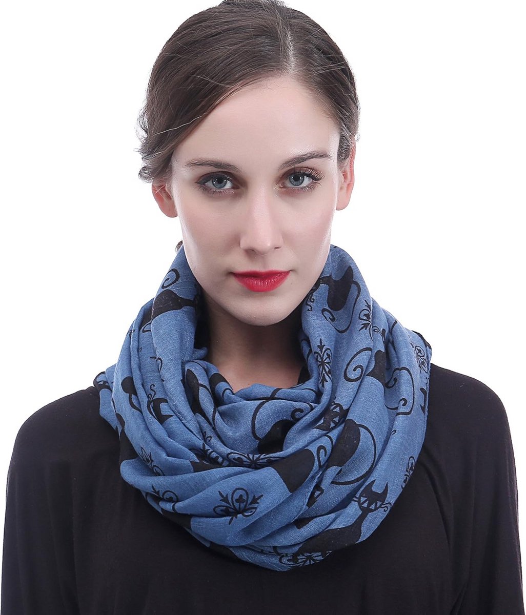 Dames Sjaal met Kattenprint en Dierenprint Design - Lichtblauw Effen