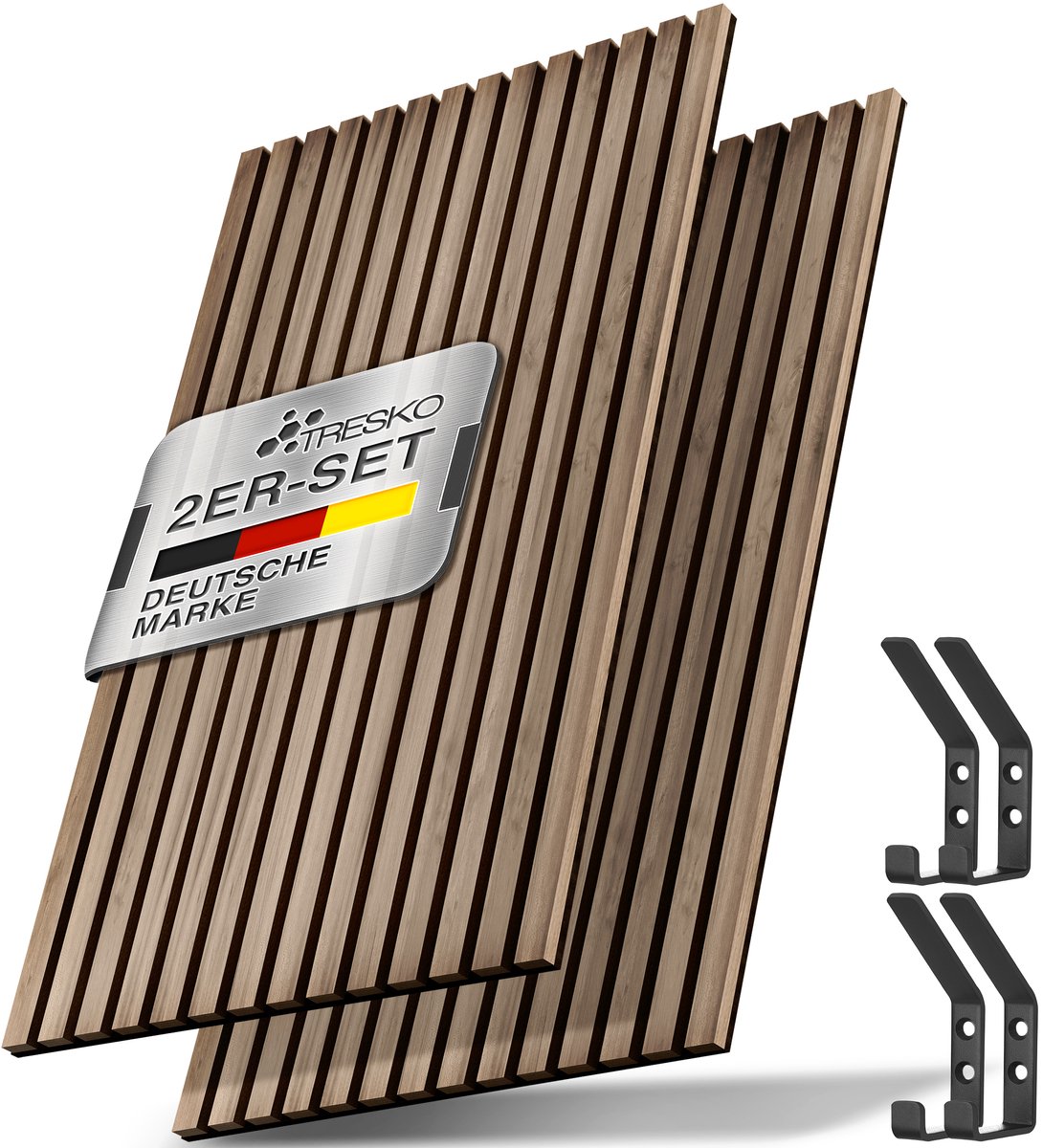 TRESKO Akoestische panelen, van hout, 120 x 60 cm, incl. 4 x kledinghaken, wandbekleding eiken naturel als 3D-lamellenwand, houten panelen voor geluidsisolatie, akoestische wandpanelen, inclusief