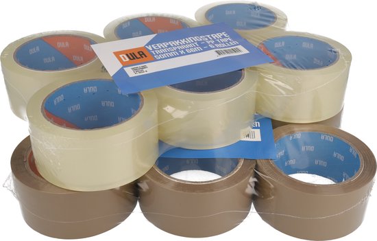 Verpakking met bruine en transparante DULA tape rollen.