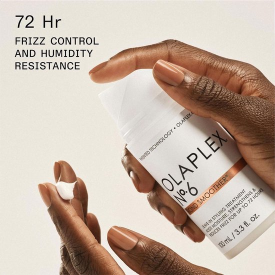 Olaplex No.6 Bond Smoother leave-in behandeling, met de tekst '72 Hr FRIZZ CONTROL AND HUMIDITY RESISTANCE'.