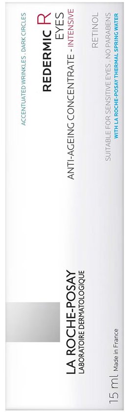 Verpakking van La Roche-Posay Redermic Retinol oogconcentraat, met tekst over rimpels, donkere kringen en geschiktheid voor gevoelige ogen.