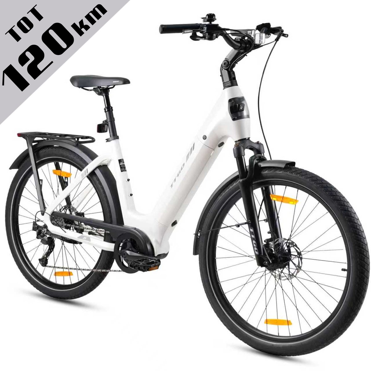 TTGO Elektrische Fiets - Stadsfiets 27.5 Inch - Middenmotor - 18Ah Accu tot 120 km - Shimano 9 Versnellingen - Hydraulische Schijfremmen - Wit