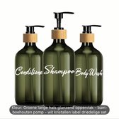 Set van 3 Pompflessen, 500 ML, zeep dispenser kunststof groen en tekst, navulbare shampoo fles.