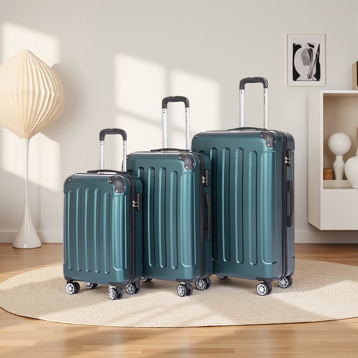 Bagageset 3-delig (55/66/76 cm) – Harde ABS Koffers – 4 x 360° Wielen – TSA Combinatieslot – Trolley Koffer Set _ Zwartachtig groen