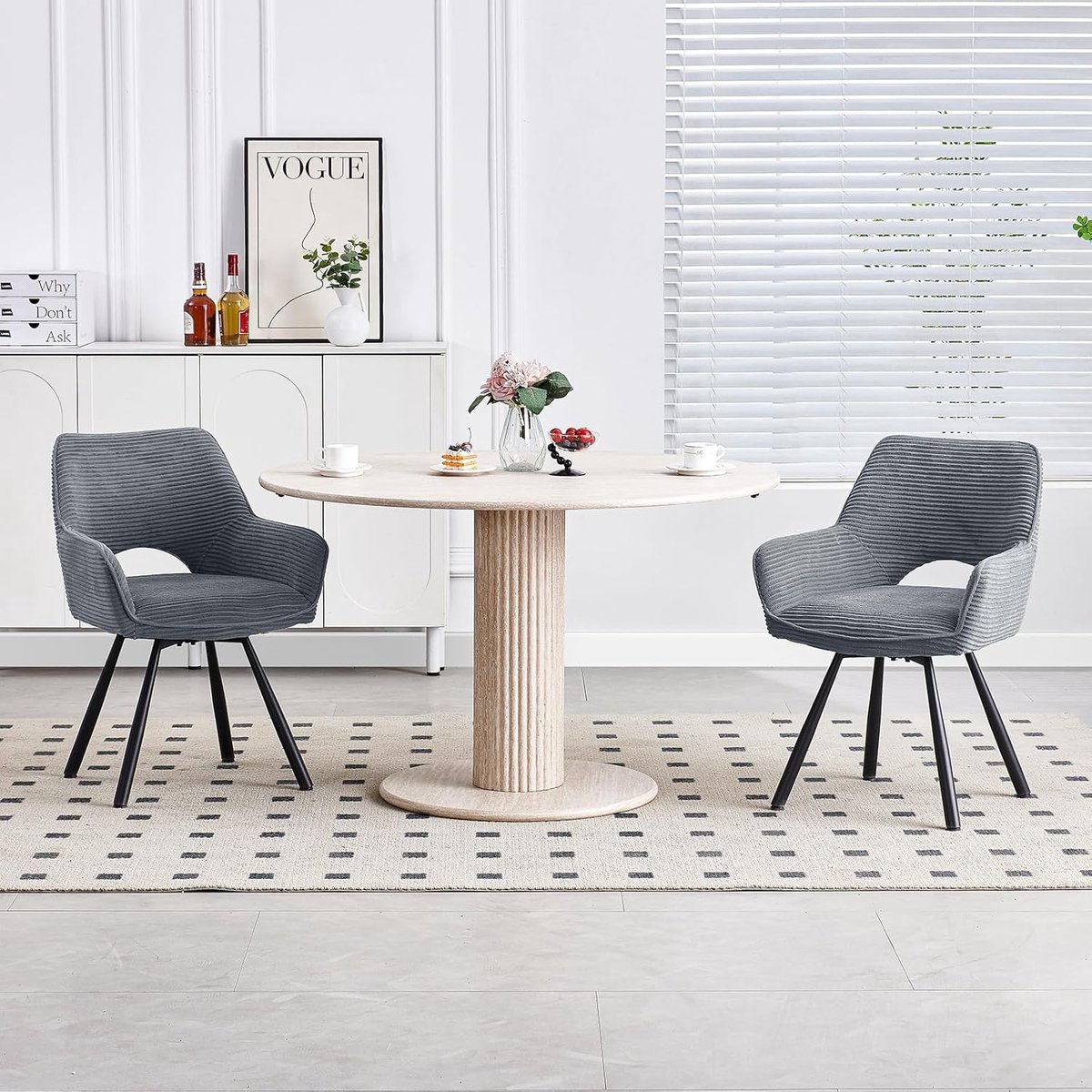 Eetkamerstoelen Set van 4 56x42x47,5 cm 360° Draaibaar – 10 cm Dikke Zitting – Fluweel Grijs – Hoge Armleuningen – Belastbaar tot 150 kg – Abkantoor