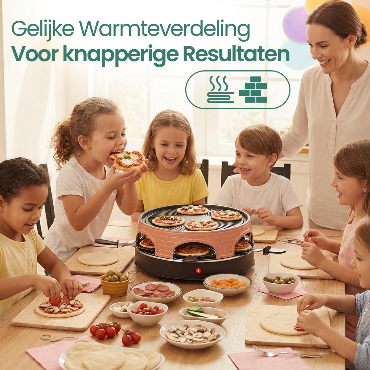 Emerio Pizzarette 3-in-1 Origineel - Zwitserse Raclette en Grill - 6 Persoons Pizza Oven - 6 Geïsoleerde Bakspatels - RVS Bakplaat - Gourmetstel - PO-113255.4 1500W – foto 4