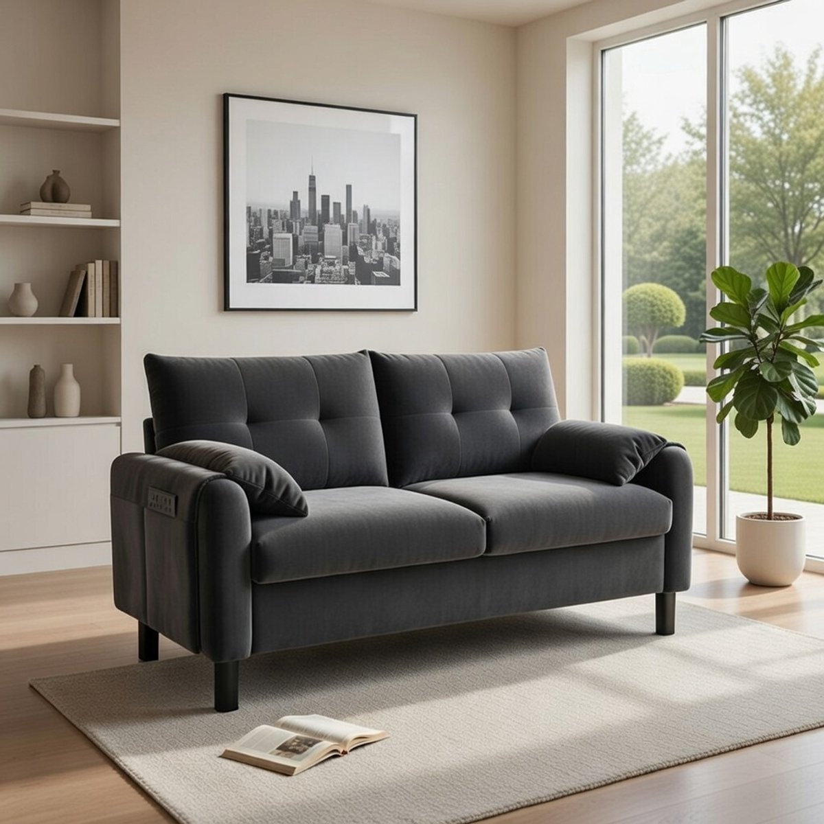 NordicLuxe™ Comfort 2-Zitsbank – Moderne Scandinavische bank in Chenille – Compacte Loveseat met Dikke Kussens & Zijvakken – GrijsCasa Serena – Afmetingen op aanvraag – Casa Dorada