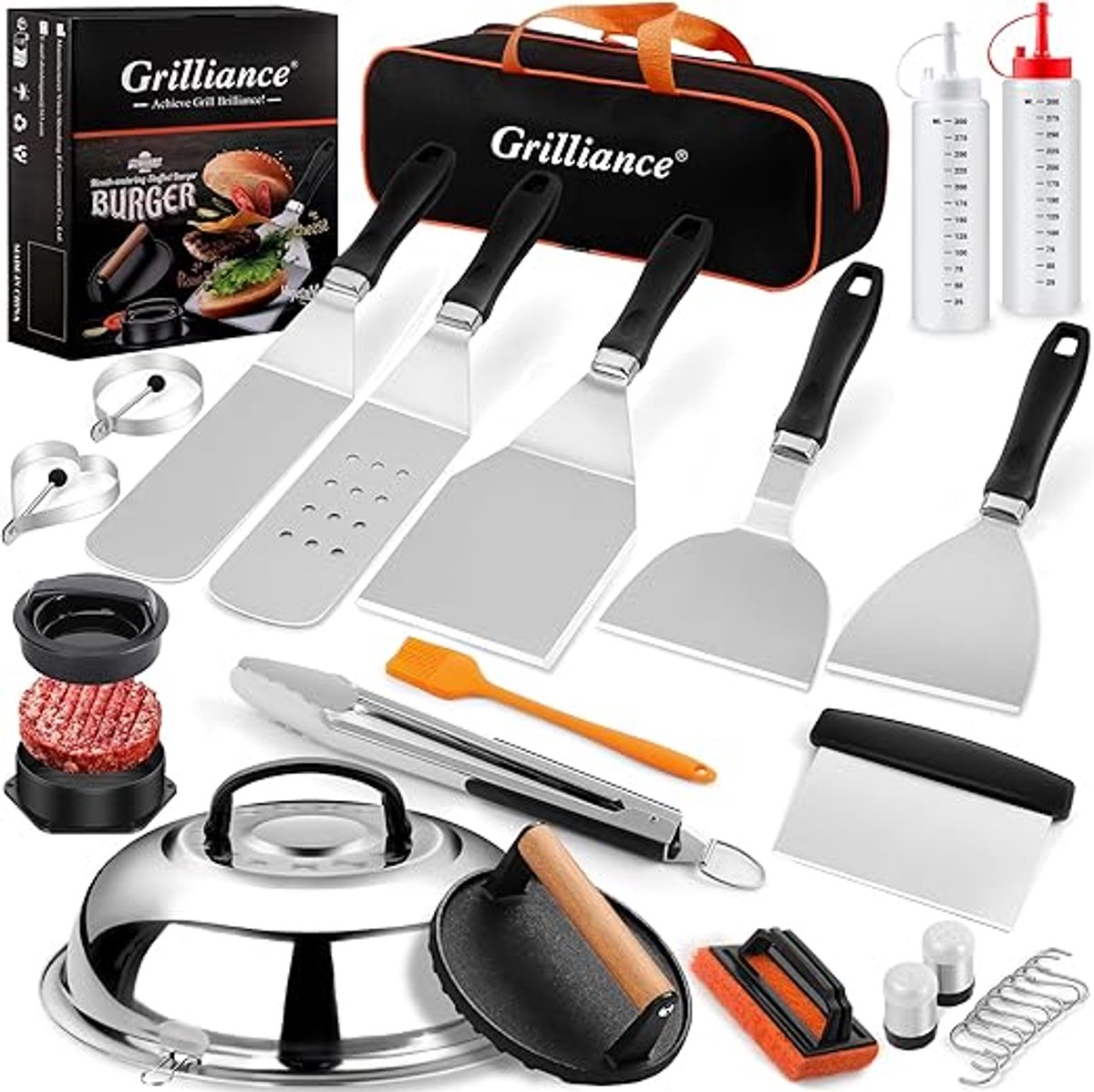 27-Delige Grill Accessoireset voor Plancha & Platte Grill – Professionele RVS Spatelset – Met Gietijzeren Hamburgerpers & Afdekhoes – Inclusief Draagtas