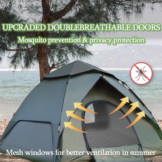 Ruime 3-Persoons Camping Tent, Pop-Up en Waterdicht, Automatische Tent met Afneembare Tarpaulin voor Trektochten en Gezinnen — afbeelding 5