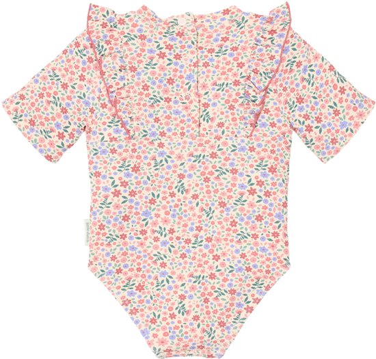 Badpak met korte mouwen, off-white met een all-over bloemenprint in roze, blauw en groen. Met ruches.