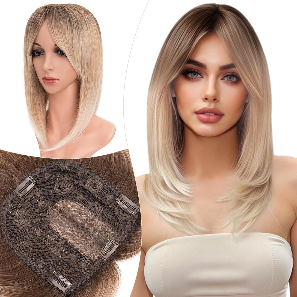 Haarstuk met Clips voor Vrouwen Middelbruin / Blond - Natuurlijke Scheiding
