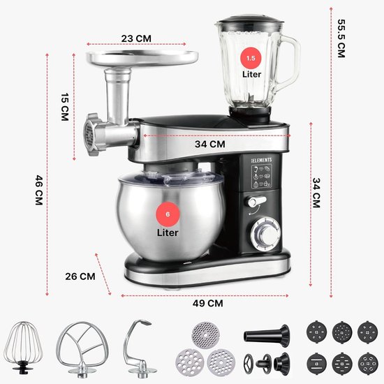 Krachtige 3-in-1 Keukenmachine met 2000W, Kneedmachine, Vleesmolen en Mixer van Merkloos — afbeelding 4
