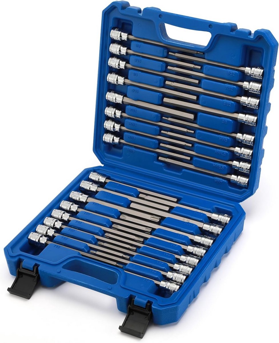 32-delige Extra Lange Zeskant & Torx Bit Dopsleutelset 3/8" - Inbus & Ster Bit Doppen voor Krappe Ruimtes