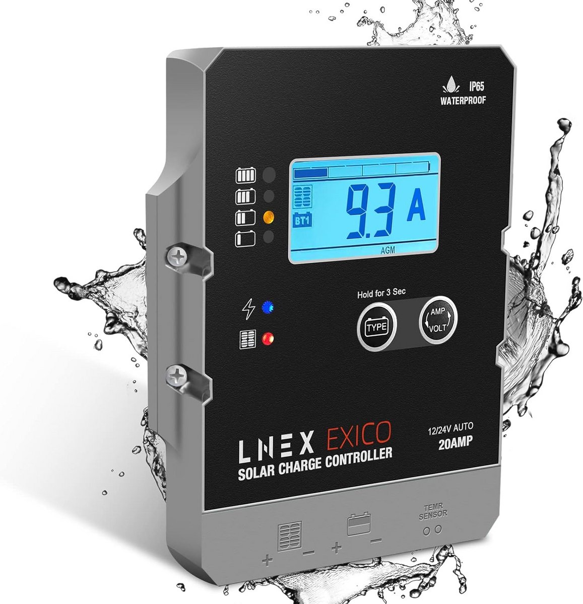 Waterdichte Solar Laadregelaar 20A PWM voor Zonnepanelen, 12V/24V met LCD Display