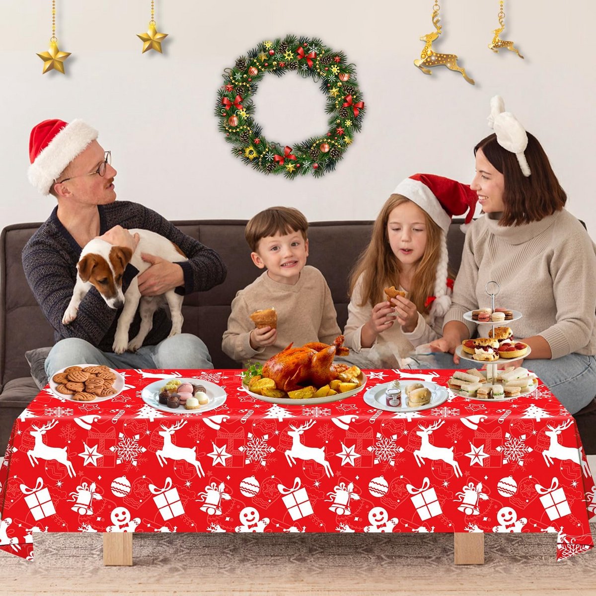 4 Stuks Kerst Tafelkleden Rechthoekig Polyester Feestdecoratie Rood en Zwart Geruit
