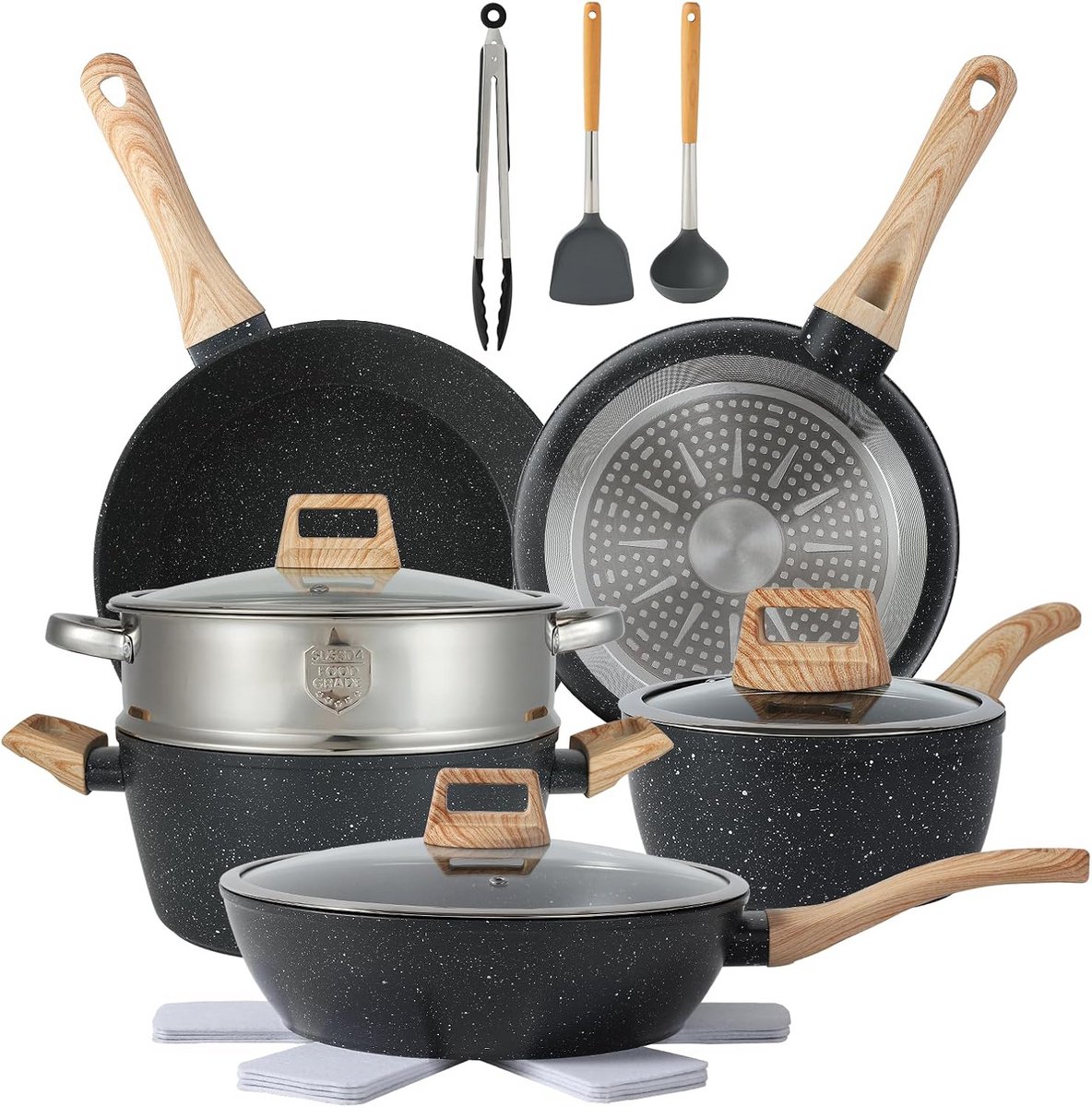 16-delige Kookgerei Set Non-Stick Potten en Pannen Zwart