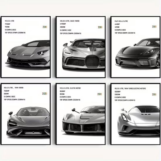 Poster set - Autoposter - Auto - Lamborghini Aventador SVJ - Bugatti Chiron - Porsche 718 Cayman GT4 - McLaren 720S - Ferrari LaFerrari - Koenigsegg Regera - Supercar collectie - 20x25 cm - Hard karton - Zonder lijst - Mancave - Trendy