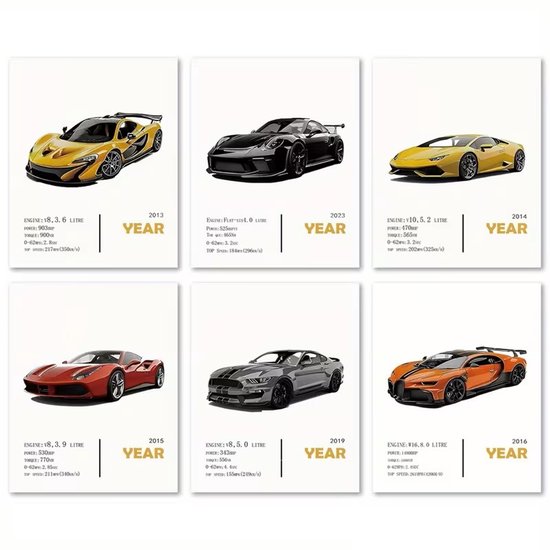 Collage van zes automobielposters: gele McLaren P1, zwarte Porsche 911 GT3 RS, gele Lamborghini Huracan, rode Ferrari 488, grijze Ford Mustang Shelby GT350, oranje Bugatti Chiron.