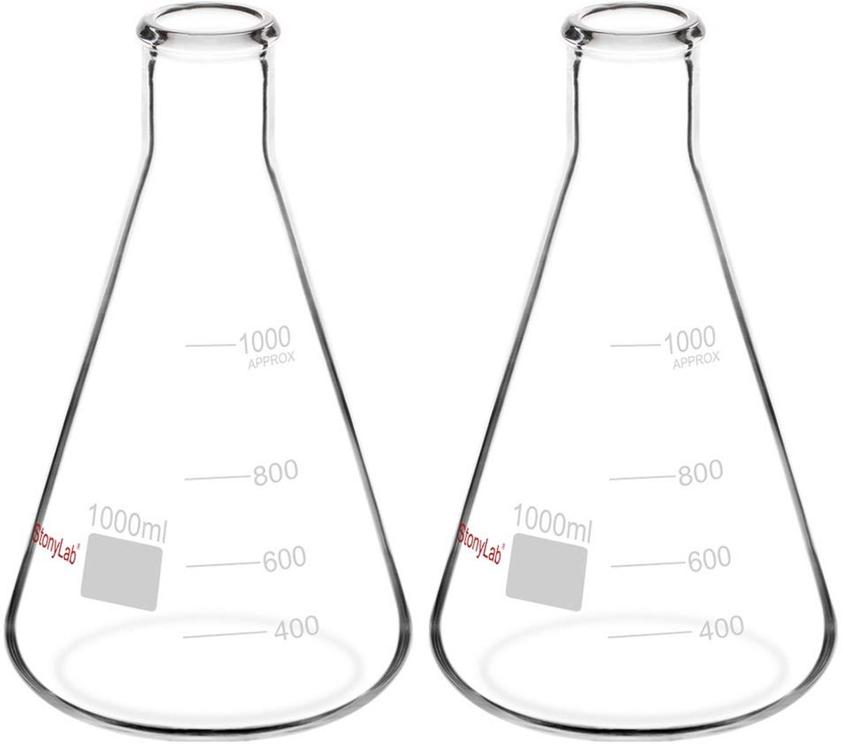 2 Stuks 1000 ml Erlenmeyer Kolven van Glas met Smalle Mond en Stevige Rand
