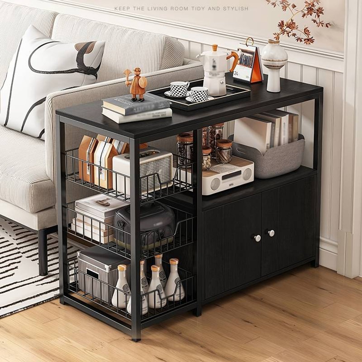 Vrijstaande metalen sideboardkast – multifunctionele opbergkast – gelaagde planken – 100 x 30 x 80 cm – zwart
