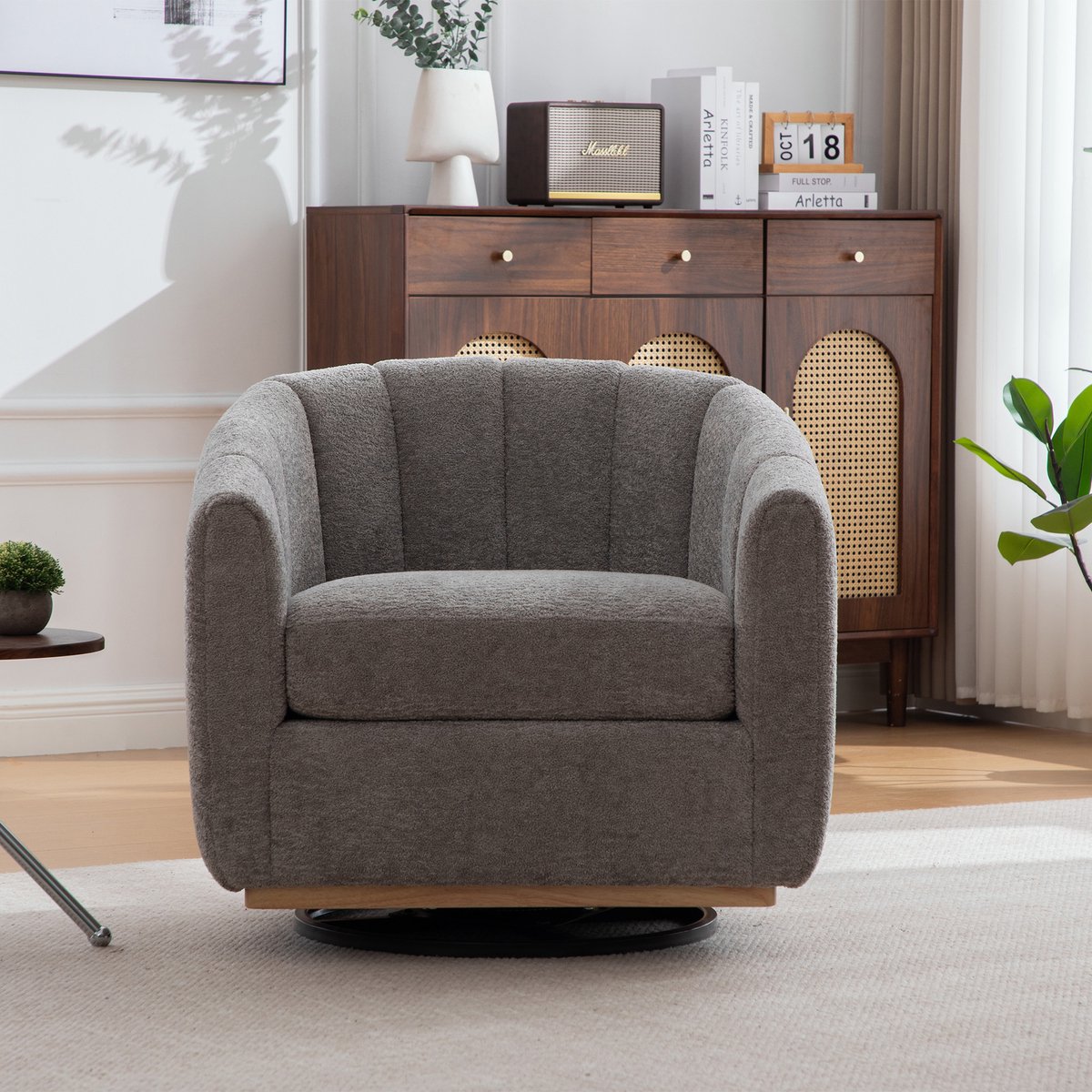 Moderne chenille gepolsterte Hocker mit Metallfuß, 360° draaifunctie, gepolsterter Fass-Sessel met kwastjes versiering, pompoenvormige clubfauteuil voor woonkamer, familiekamer, slaapkamer, lounge, GRIJS