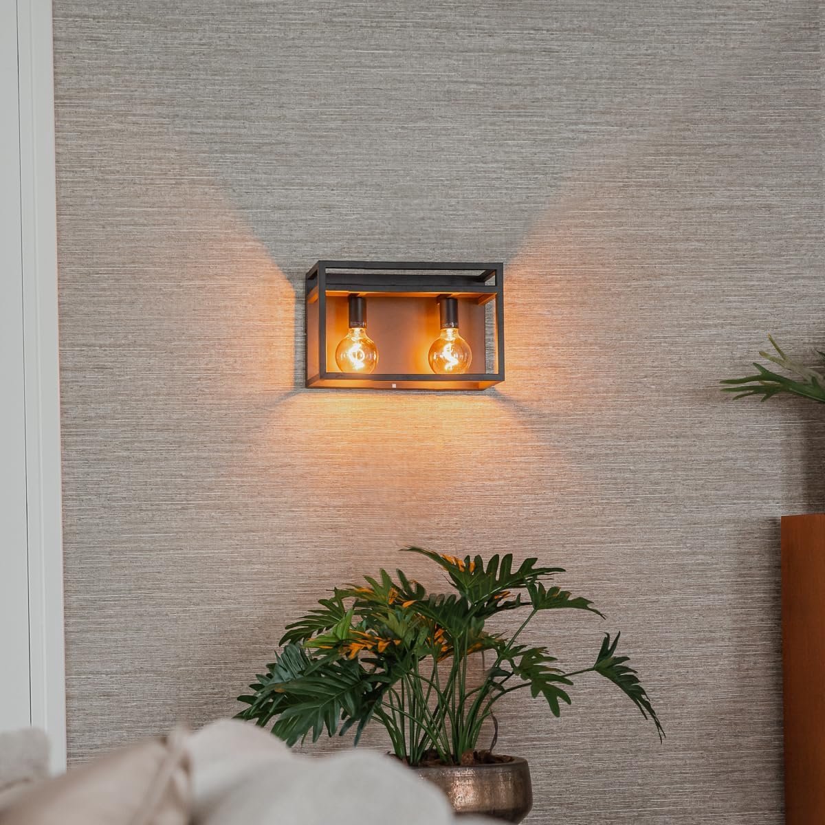 Industriële Wandlamp Zwart met Decoratierek 2-Lichts Staal Rechthoekig