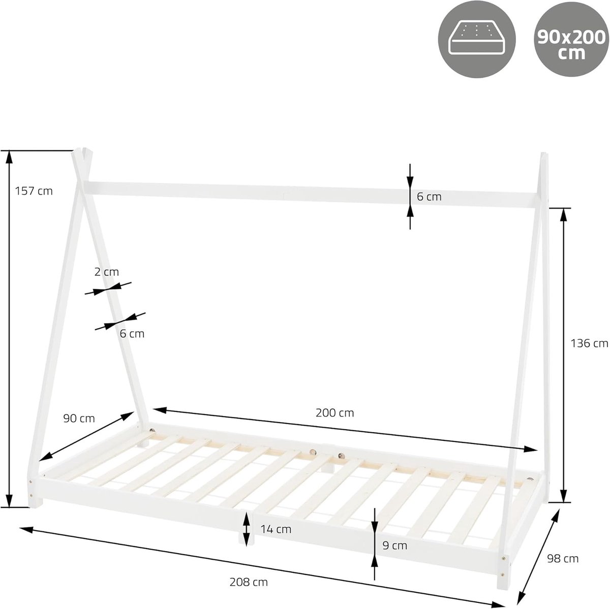 Tipi Kinderbed 90x200 cm – Casa Velluto DreamTent® Houten Huisbed – Massief Grenen Kinderbed met Lattenbodem – Speelbed & Tipi Bed voor Jongens en Meisjes 3-9 Jaar – Wit