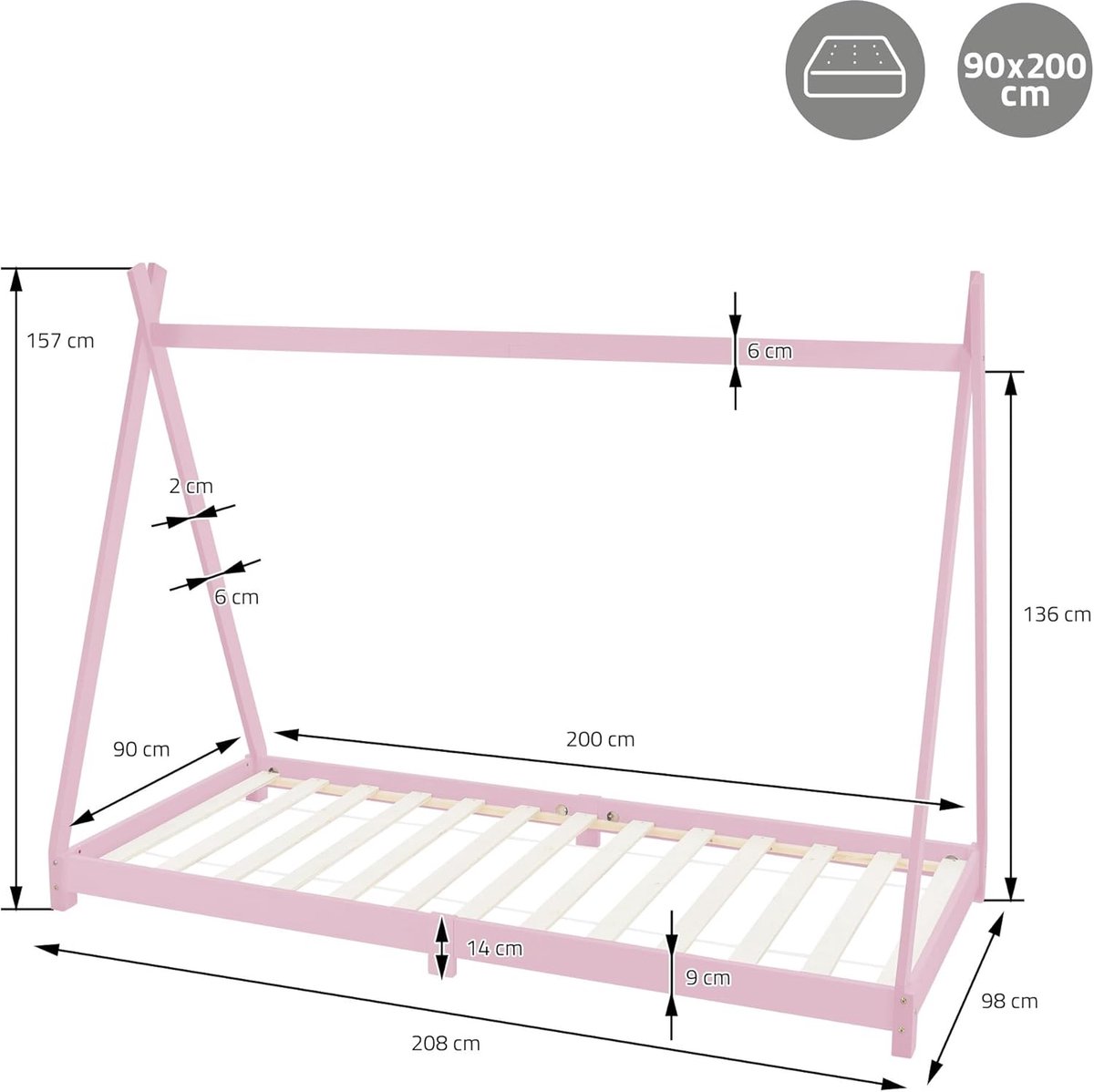 Kinderbed Tipi Casa Velluto DreamHouse 90x200 cm – Houten Speelbed voor Meisjes – Massief Grenenhout Huisbed met Lattenbodem – Tipi Bed Frame Tent Ontwerp – Modern Juniorbed voor Kinderen 3-9 Jaar – Roze